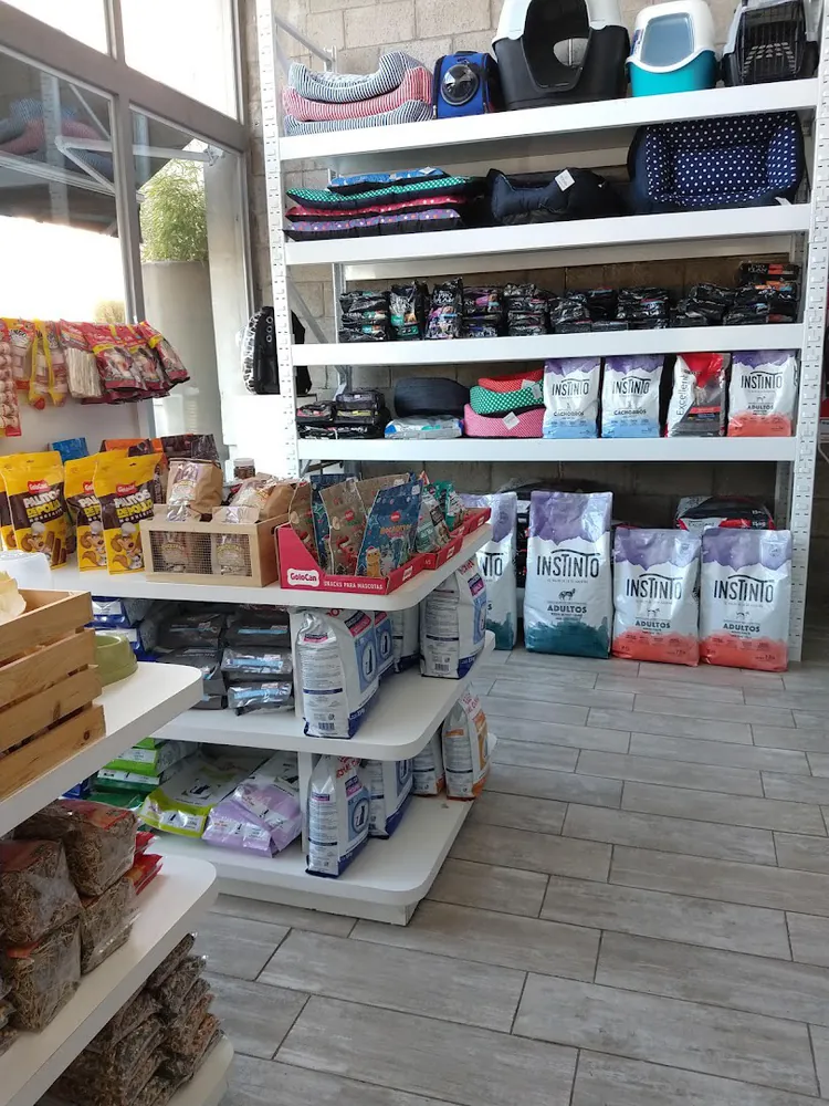 Estanterías del pet shop con bolsas de alimento, camas y transportadoras